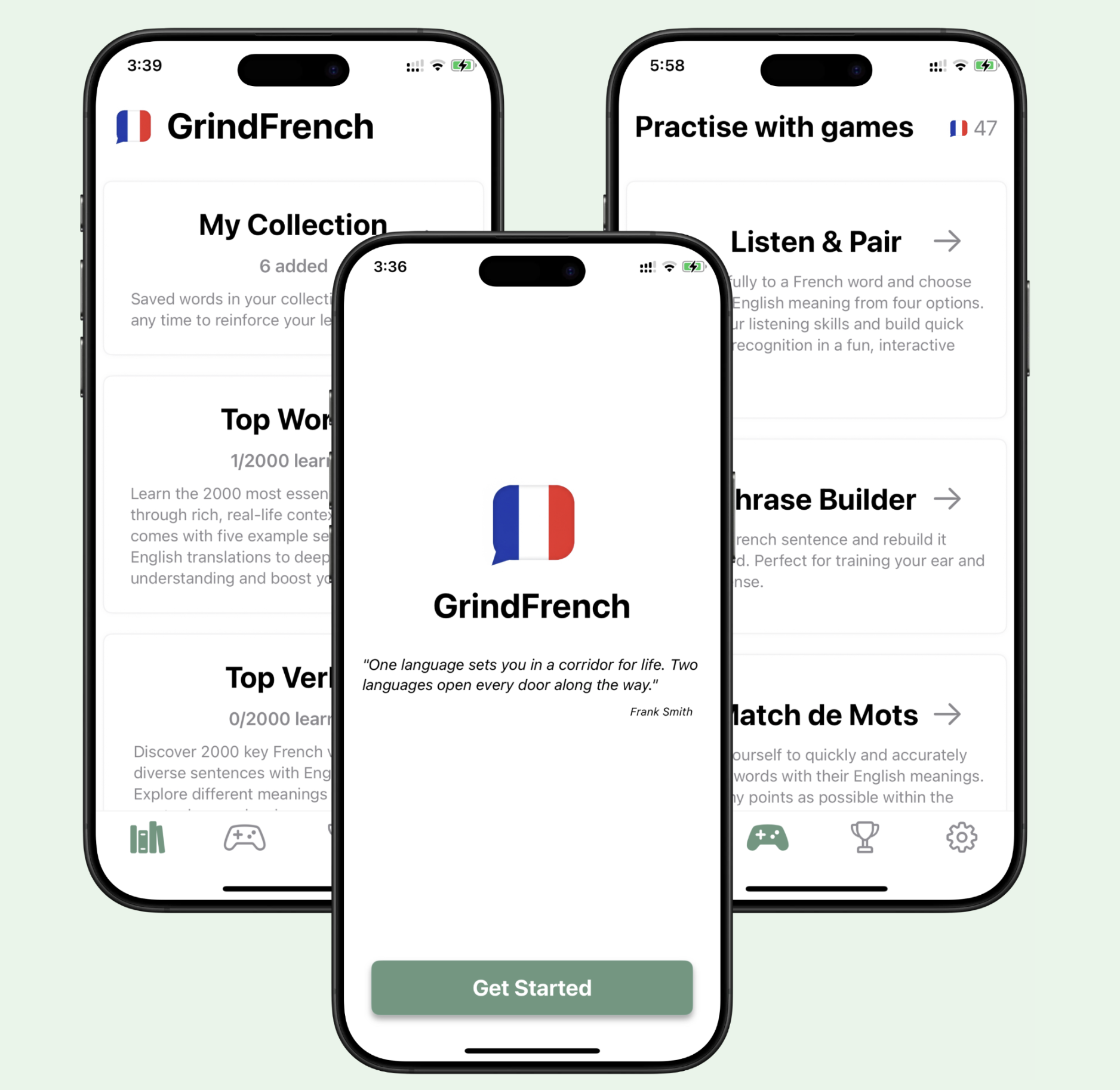Screens from the GrindFrench app