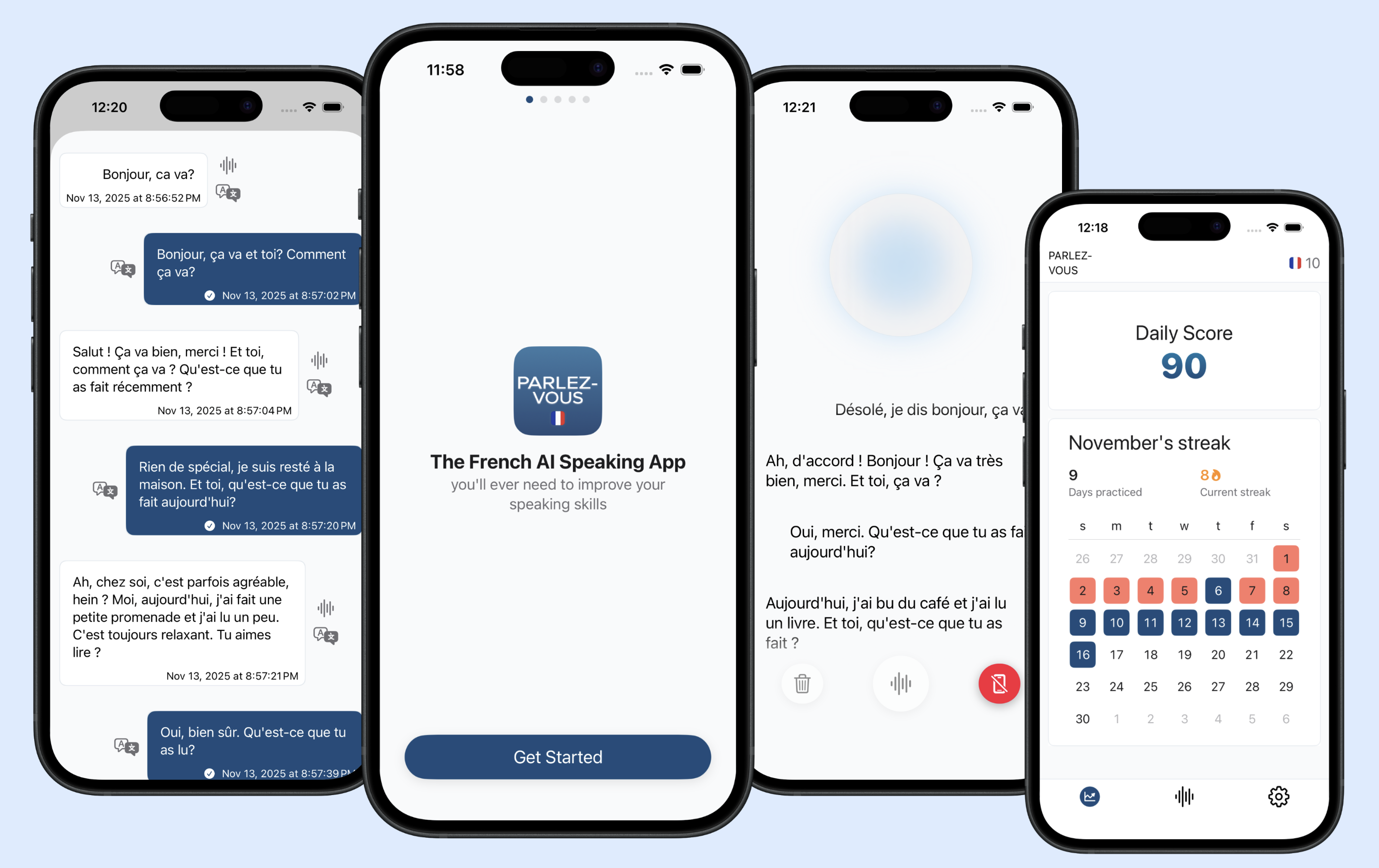 Screens from the Parlez-Vous app