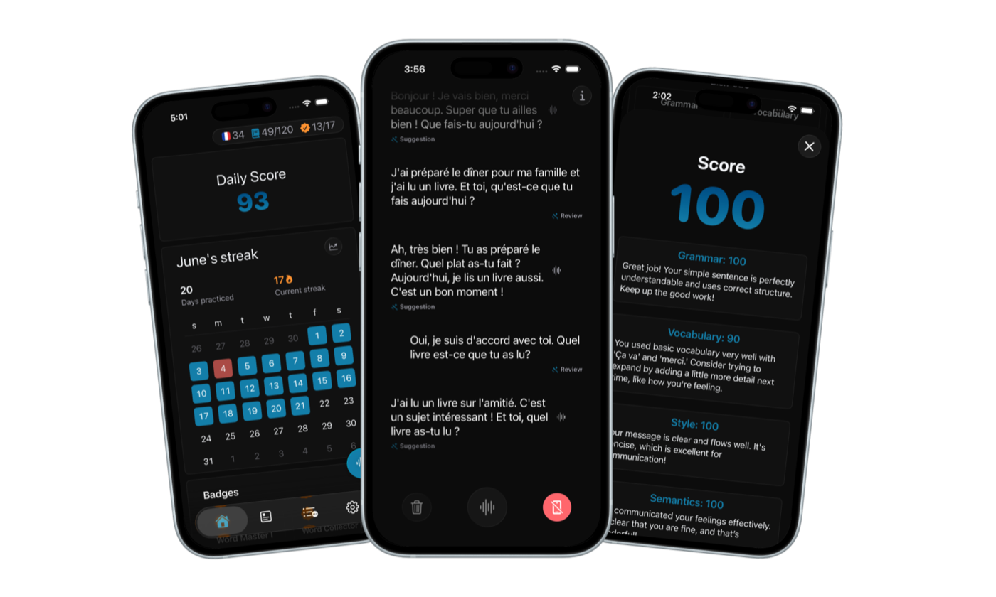 Parlez-Vous French conversation, progress and feedback screens